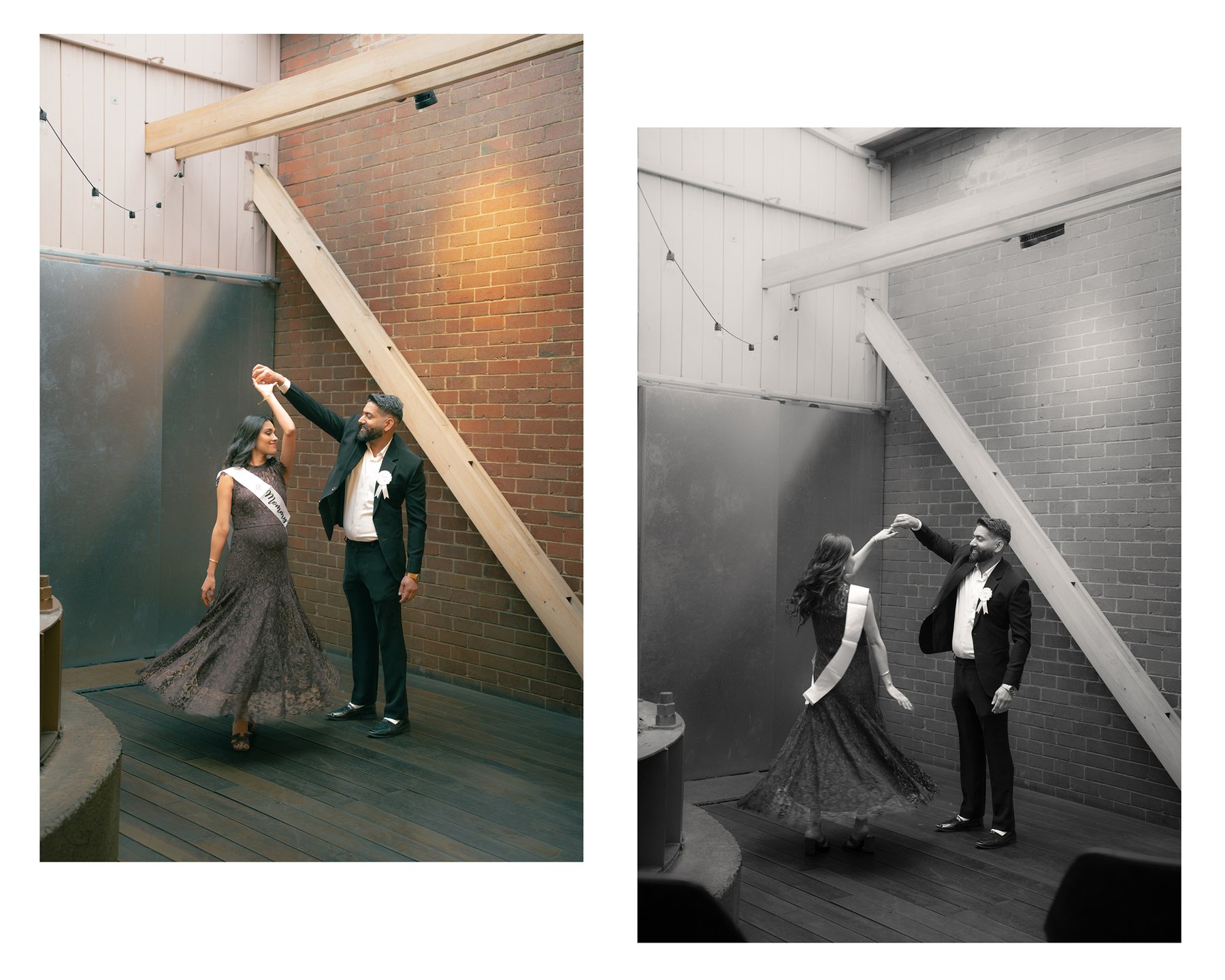 Baby shower spread — couple dancing in a brick courtyard, colour and black and white side by side, Melbourne