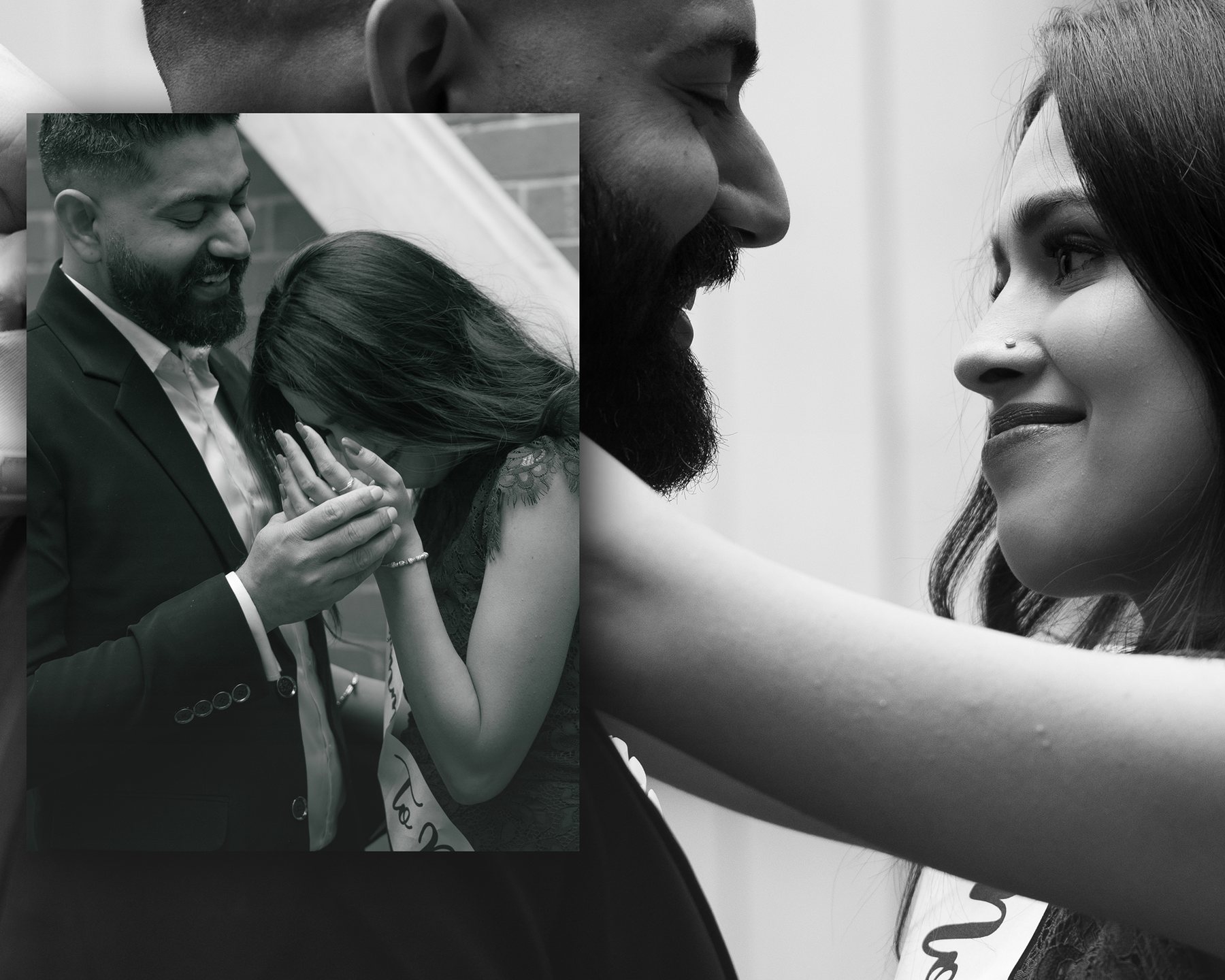 Baby shower spread — black and white collage, mother-to-be moved to tears as her partner holds her hands, Melbourne