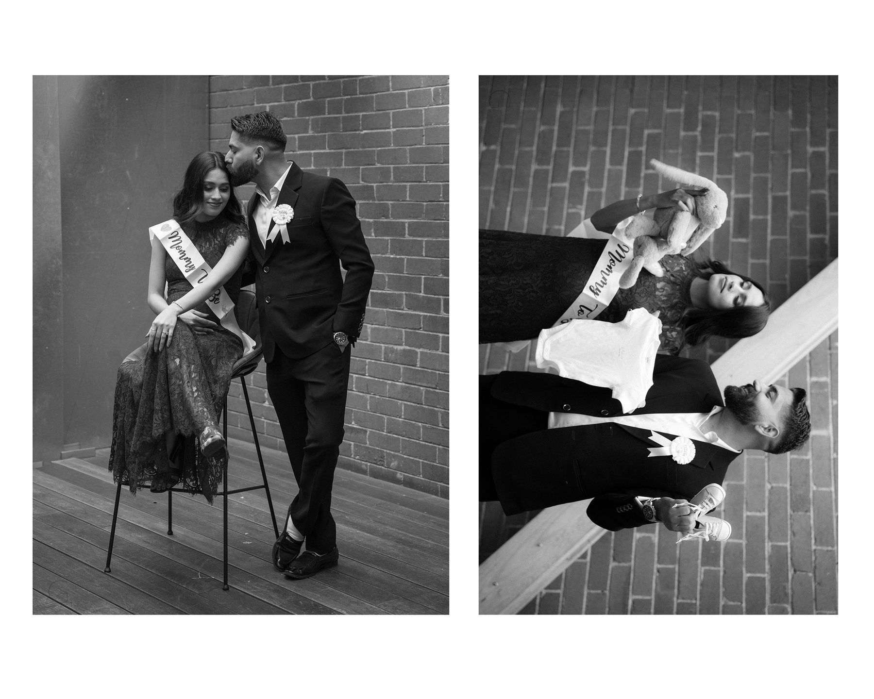 Baby shower spread — black and white portraits, forehead kiss on a stool and a playful frame with baby clothes and a toy bunny, Melbourne