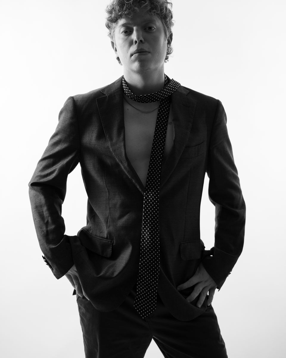 Studio editorial portrait — black and white, suit and tie, Melbourne studio
