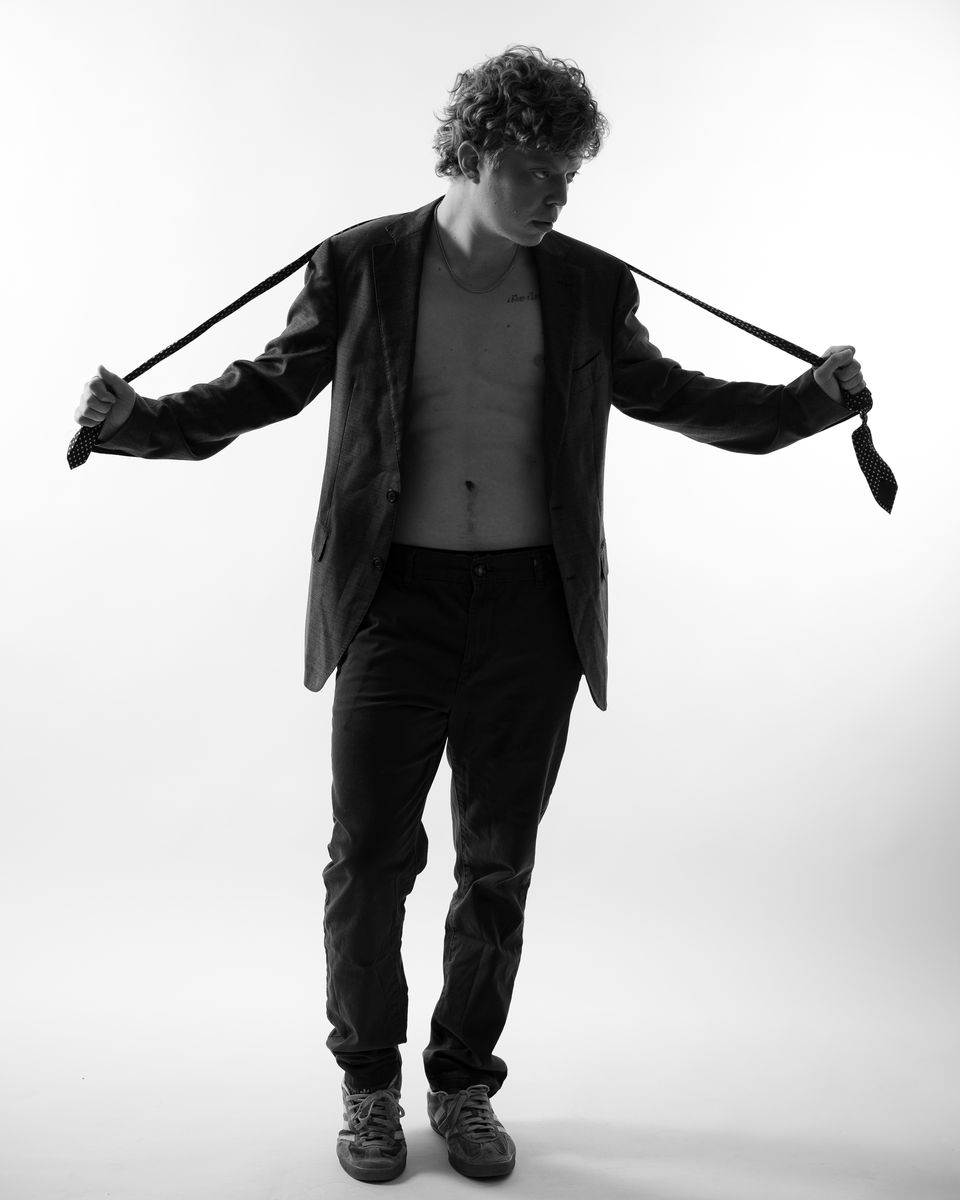 Studio editorial portrait — black and white, movement, Melbourne studio